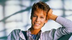 jamie lee curtis on a blue background