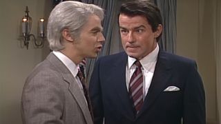 Phil Hartman's President Reagan angrily stares down Dana Carvey's Jimmy Stewart on SNL.