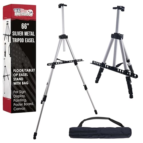 U.s. Art Supply 66" Sturdy Silver Aluminum Tripod Artist Field and Display Easel Stand - Adjustable Height 18" to 5.5 Feet, Holds 36" Canvas - Floor and Tabletop Displaying, Painting - Portable Bag