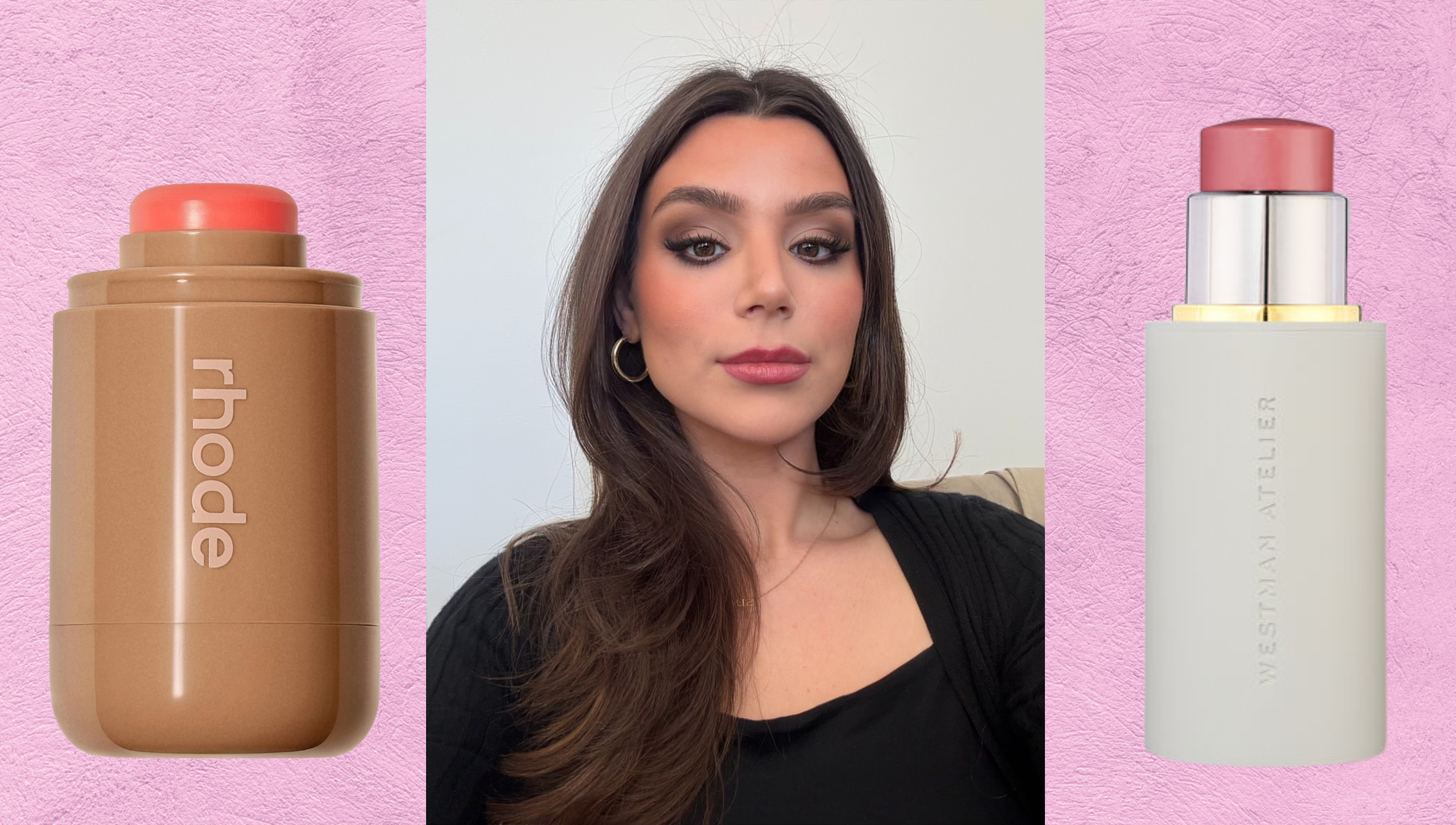 two stick cream blushes on a pink background flanking a brunette woman with a smoky eye makeup look