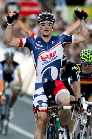 Andre Greipel (Lotto-Belisol) celebrates as he crosses the line the clear winner of the Down Under Classic in Adelaide.
