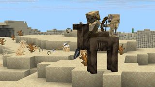Husk, parched, and camel husk riding through the desert in Minecraft