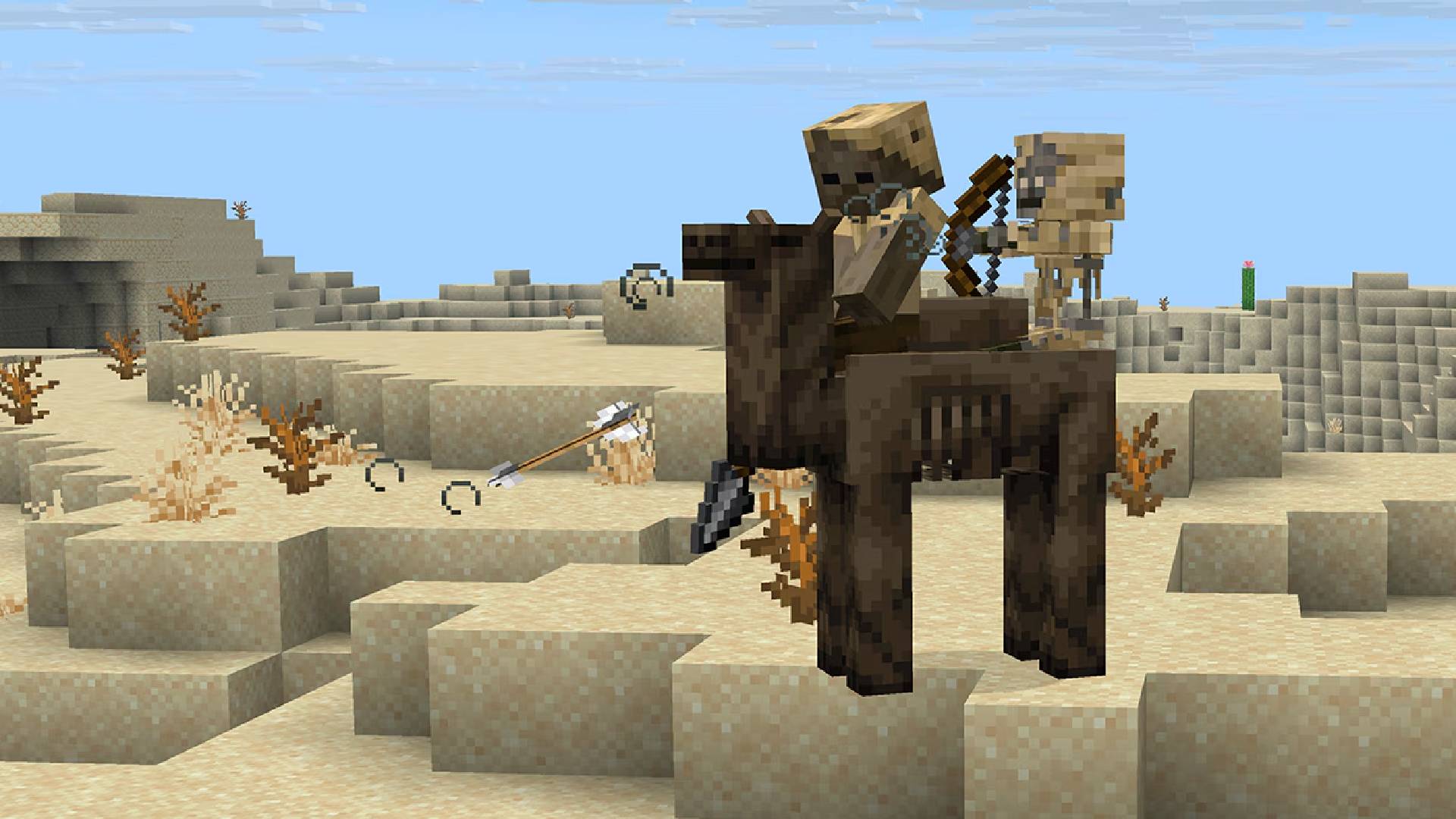 Husk, parched, and camel husk riding through the desert in Minecraft