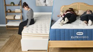 In a side by side comparison the image on the left shows a dark haired cream and gold mattress while the image on the right shows two dark haired mattress testers each lying on their back and side on a blue and white mattress in a neutrally decorated bedroom