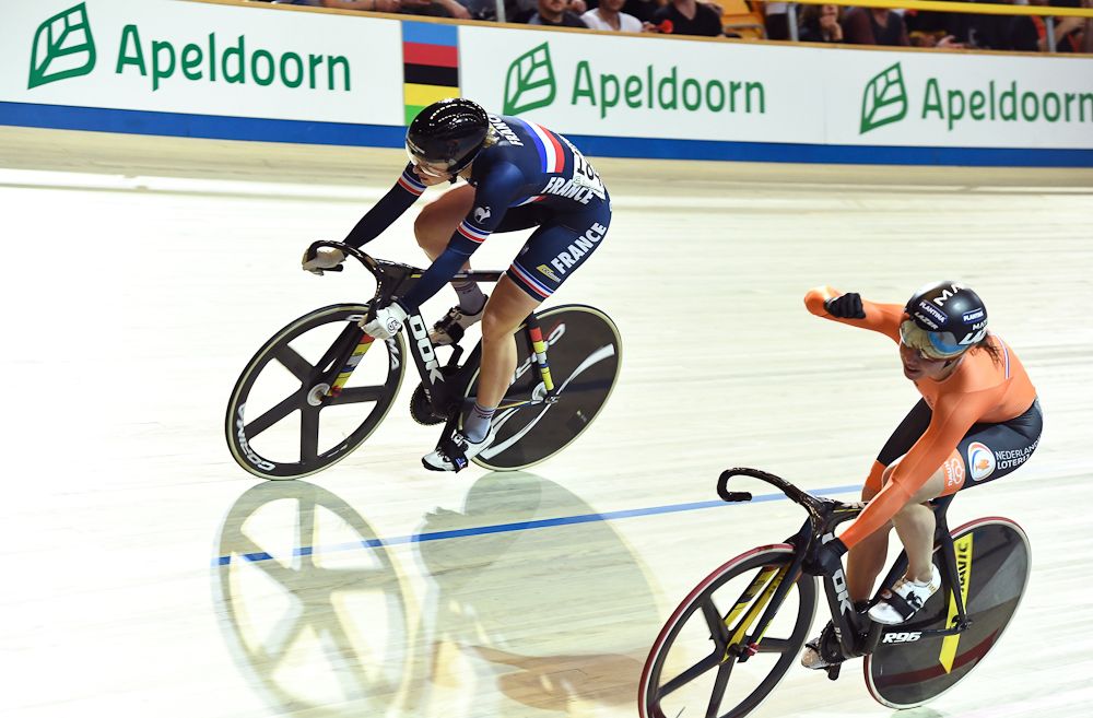 France's Mathilde Gros (L) is beaten by Netherland's Laurine van Riessen during the women's Sprint during the UCI Track Cycling World Championships