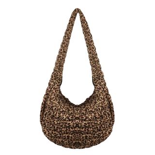 Leopard Large Women's Quilted Puffer Bag Lightweight Quilted Padded Hobo Quilted Bag Leopard Print Brown Medium