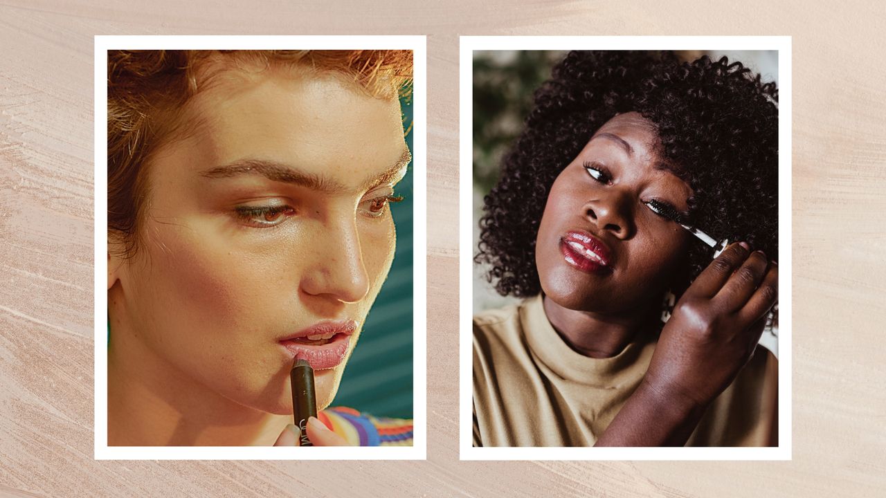 A close up of a woman with short hair, putting on lip liner alongside a woman, with curly hair, brushing her eyelashes/ in a textured, beige template