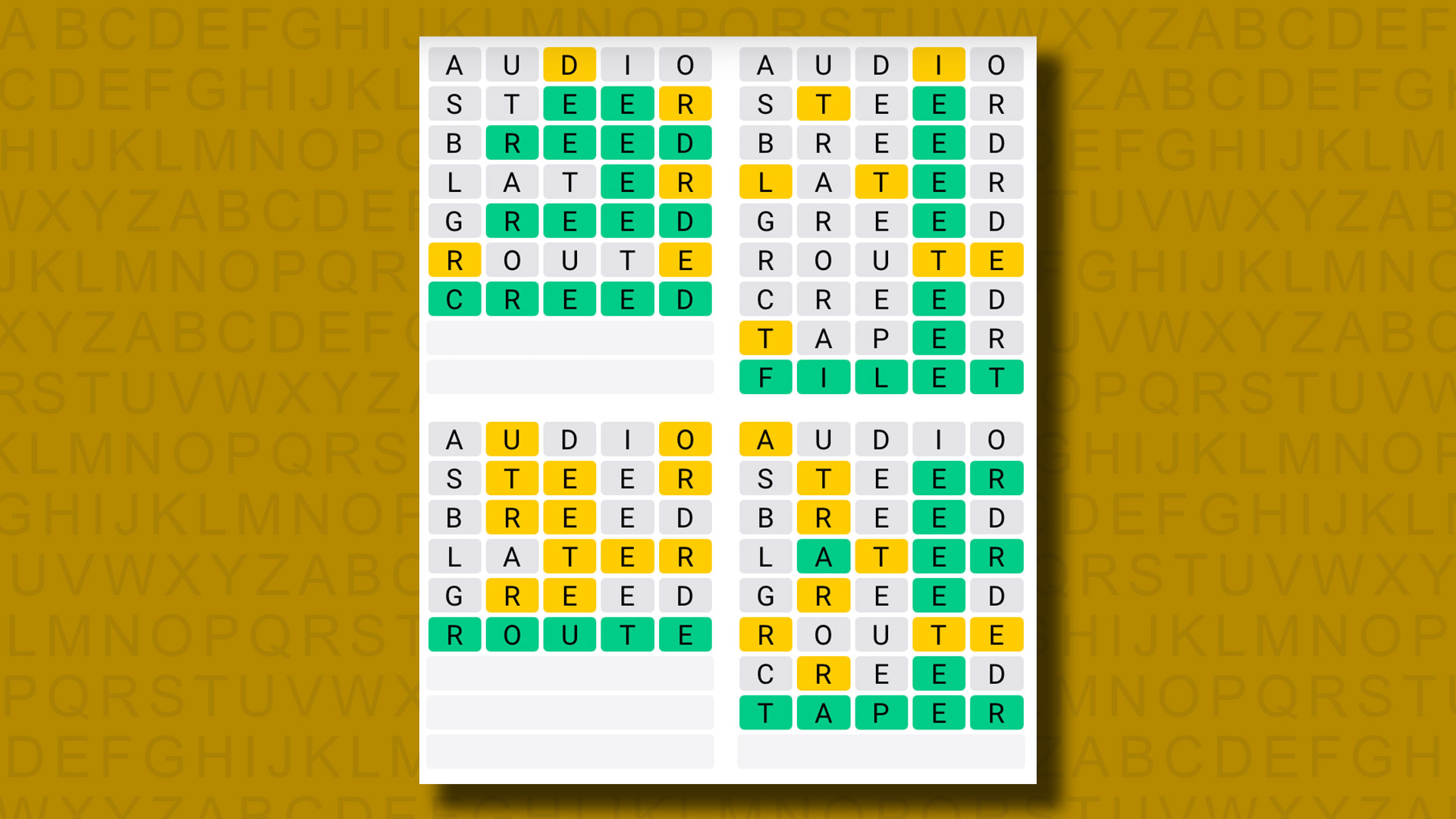 Quordle answers for game 1079 on a yellow background