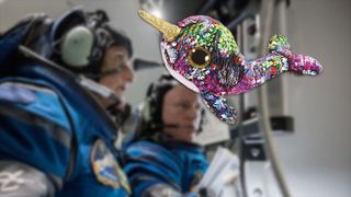 A plush, rainbow-sequined narwhal named "Calypso" is the zero-g indicator aboard "Calypso," Boeing's first Starliner spacecraft to fly with astronauts.