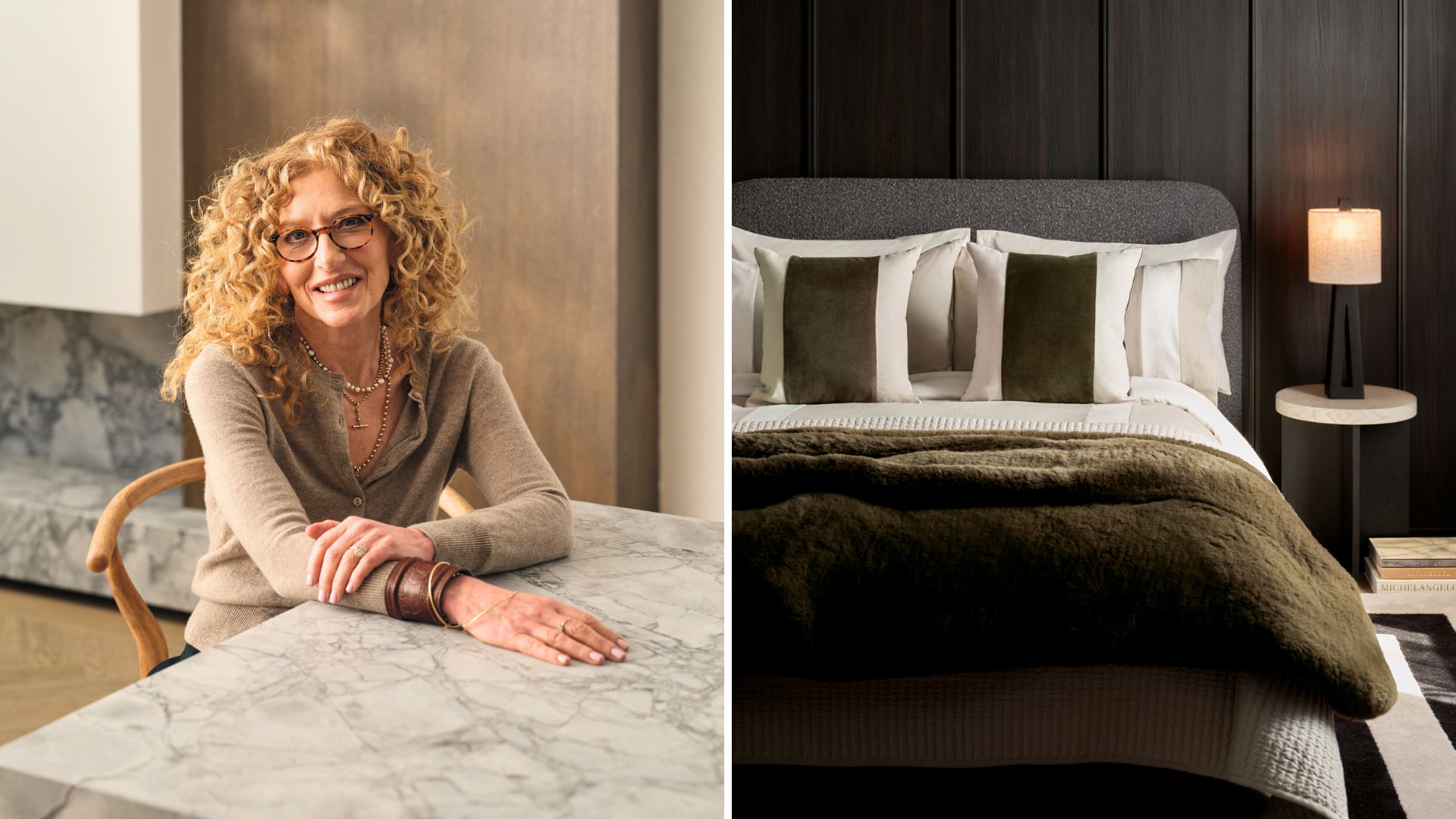 split image of Kelly Hoppen sat at a marble counter next to a black painted bedroom with hotel-style bedding