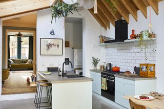 A kitchen with exposed beams, light blue units and plants that hang from the ceiling