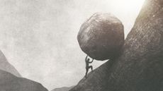 An abstract depiction of a silhouetted figure pushing a boulder up a steep hill