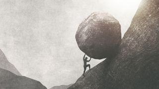 An abstract depiction of a silhouetted figure pushing a boulder up a steep hill