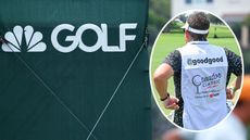 A close-up of the Golf Channel logo, with a Good Good caddie bib