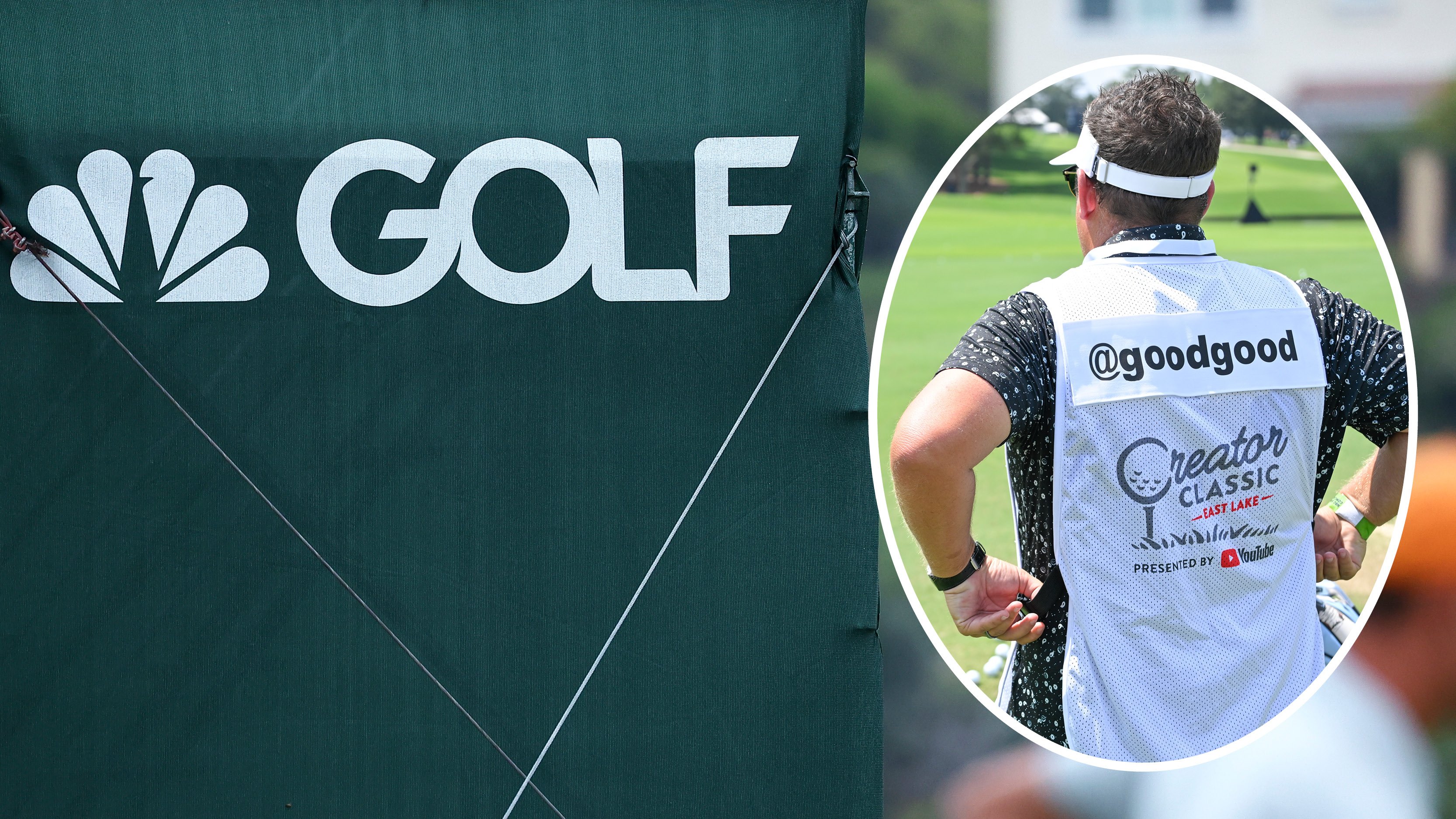 A close-up of the Golf Channel logo, with a Good Good caddie bib