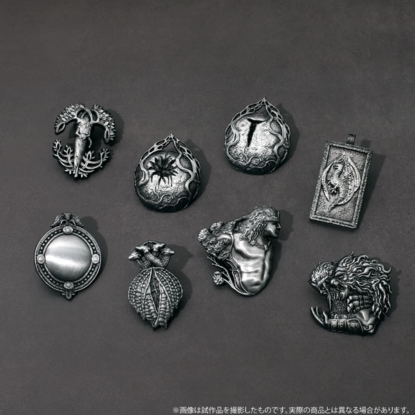 Images of real life Elden Ring tchotchkes, including a warrior jar mug, warrior jar piggy bank, and pin versions of Elden Ring talismans