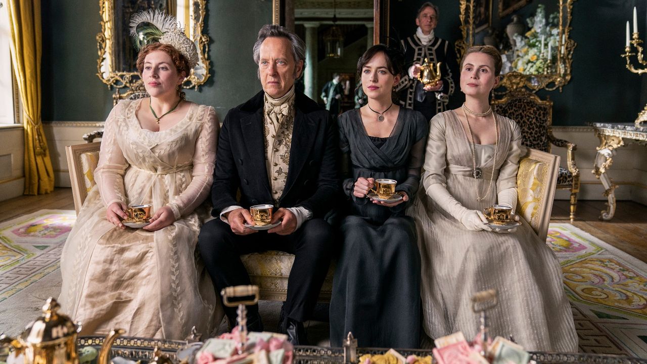 The latest of the Persuasion book adaptations released on Netflix, starring (L to R) Lydia Rose Bewley as Penelope Clay, Richard E. Grant as Sir Walter Elliot, Dakota Johnson as Anne Elliot, Yolanda Kettle as Elizabeth Elliot in Persuasion