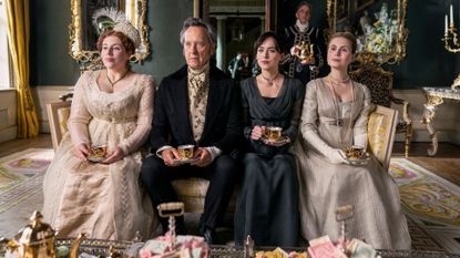 The latest of the Persuasion book adaptations released on Netflix, starring (L to R) Lydia Rose Bewley as Penelope Clay, Richard E. Grant as Sir Walter Elliot, Dakota Johnson as Anne Elliot, Yolanda Kettle as Elizabeth Elliot in Persuasion