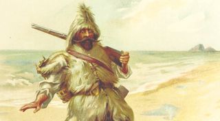 A man on an island with a rifle and ragged skin cap and clothing