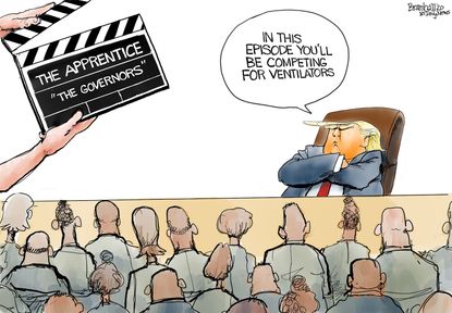 Political Cartoon U.S. Trump new season Apprentice governors compete for ventilators