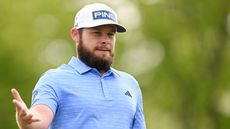 Tyrrell Hatton of England reacts after chipping on the 14th hole during the second round of the 2023 PGA Championship at Oak Hill Country Club