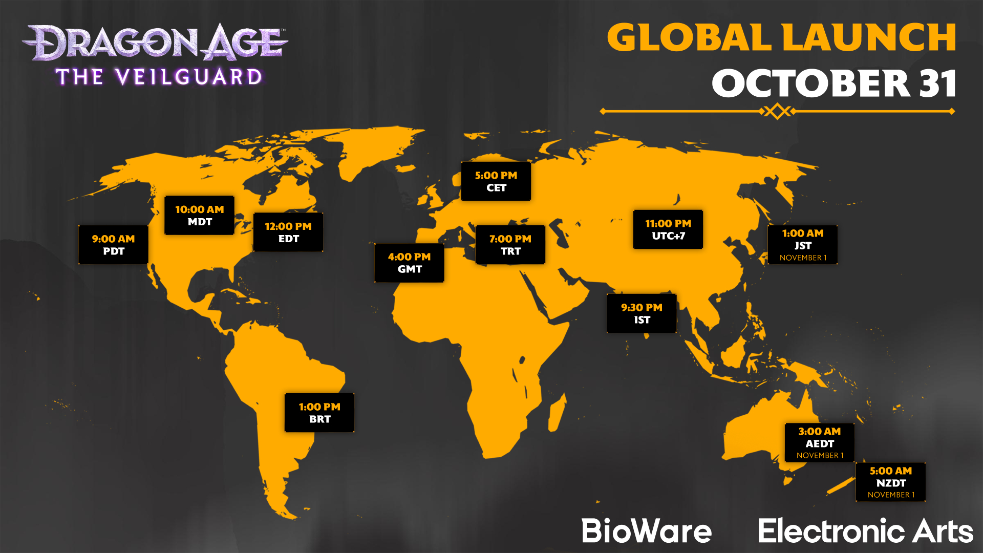 A map showing the Dragon Age: The Veilguard launch time in various timezones.