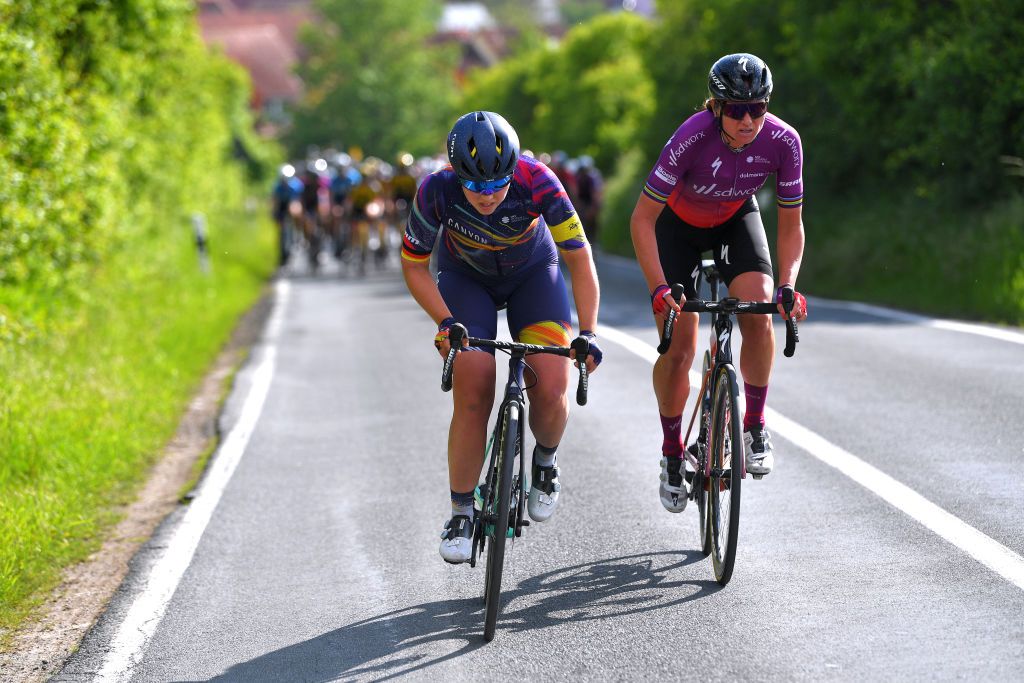 WEIMAR GERMANY MAY 29 Lisa Klein of Germany and Team Canyon SRAM Racing Chantal Van Den Broek Blaak of Netherlands and Team SD Worx in breakaway during the 34th Internationale LOTTO Thringen Ladies Tour 2021 Stage 5 a 1433km stage from Weimar to Weimar ltlt2021 lottothueringenladiestour womencycling on May 29 2021 in Weimar Germany Photo by Luc ClaessenGetty Images