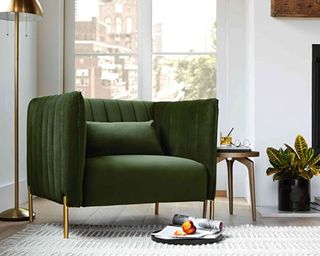 Amazon furniture brands rivet green velvet sofa and gold lamp