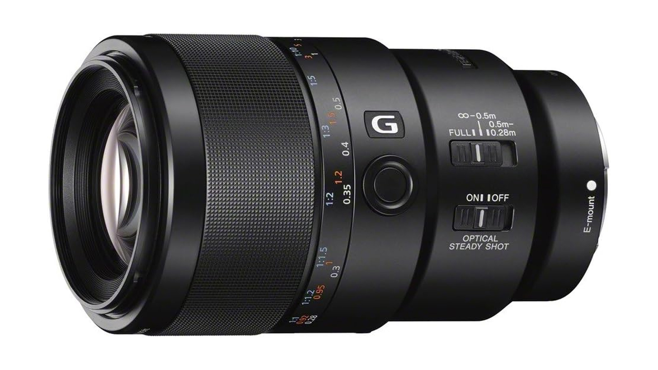 Sony FE 90mm F2.8 Macro G OSS lens on a white background