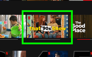 A box highlights the That 90's Show card in the Netflix app, the first step in editing the Continue Watching row in Netflix on desktop