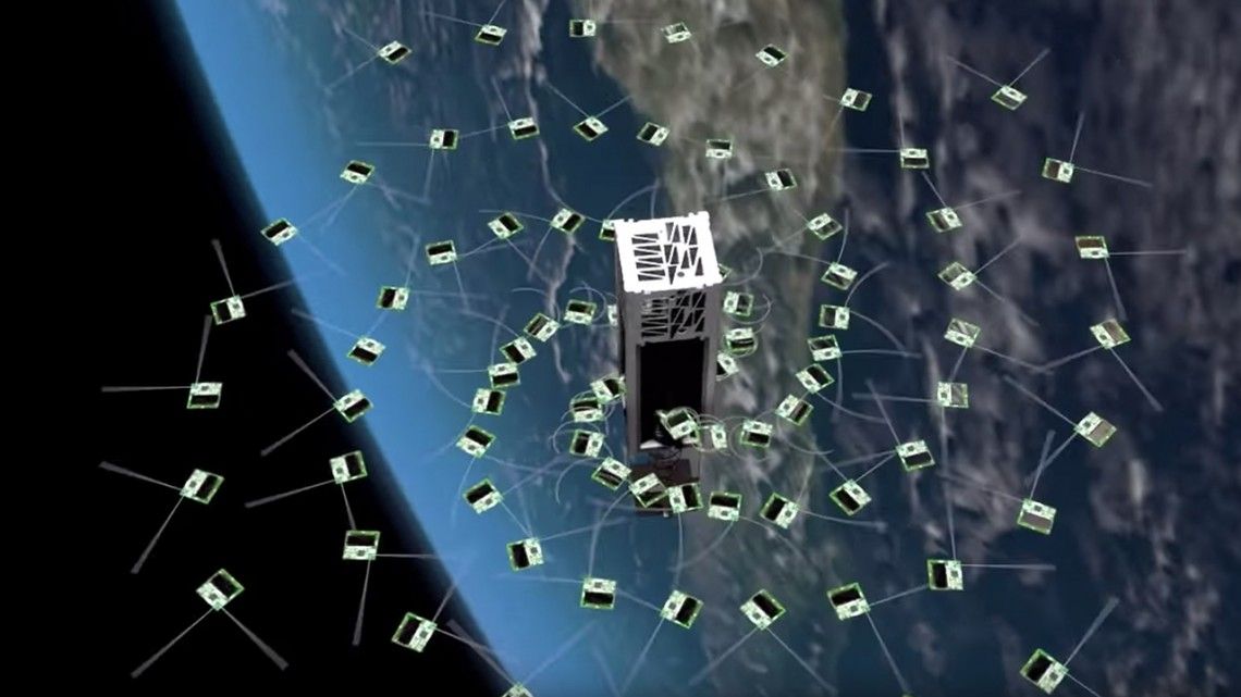 An artist’s illustration of the deployment of Sprite “chipsats” from the shoebox-sized KickSat-2 satellite in March 2019.