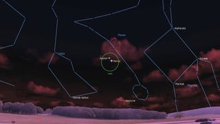 An illustration of the night sky on Feb. 28 depicting Venus as it prepares to pass Jupiter.