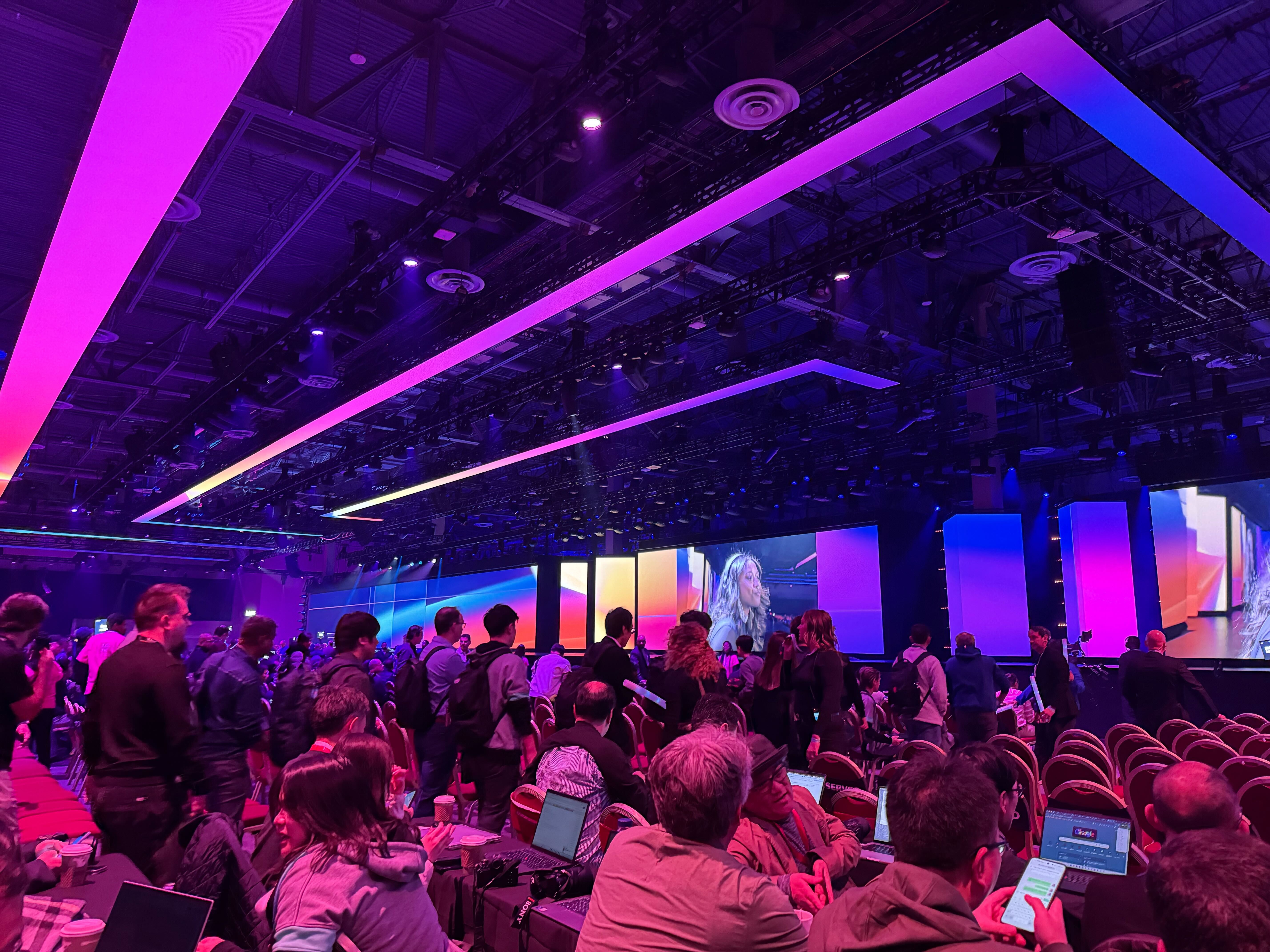 AWS re:Invent attendees pictured walking into the keynote theater ahead of the day-two opening keynote session.