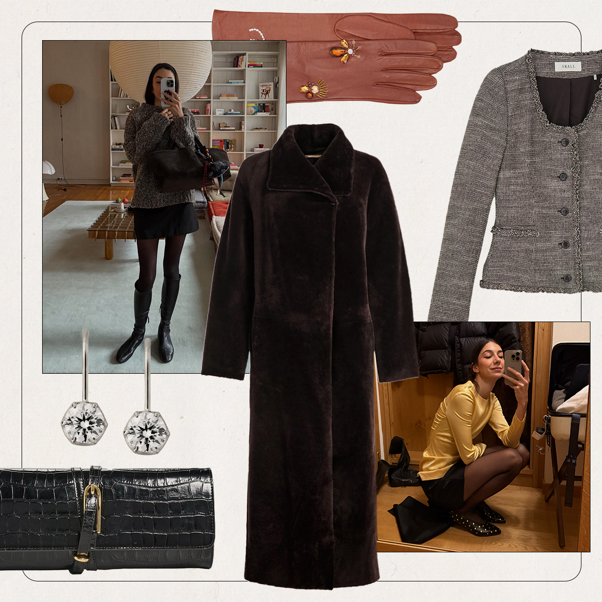 collage with winter fashion picks and pictures of melanie masarin
