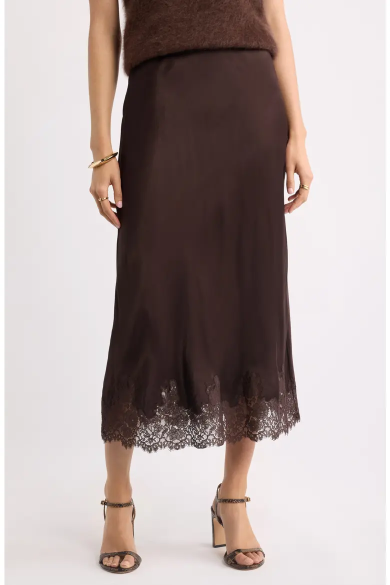 Nordstrom, Lace Trim Satin Bias Midi Skirt