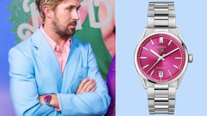 Ryan Gosling wearing TAG Heuer Carrera Date in bright pink