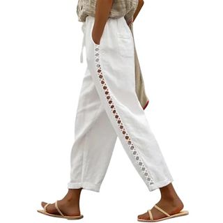 Puimentiua Women's White Linen Capri Pants With Drawstring Petite Summer Beachwear Lightweight Elastic Waist Pants, L