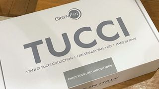 TUCCI X GreenPan box with The Stanley Pan inside
