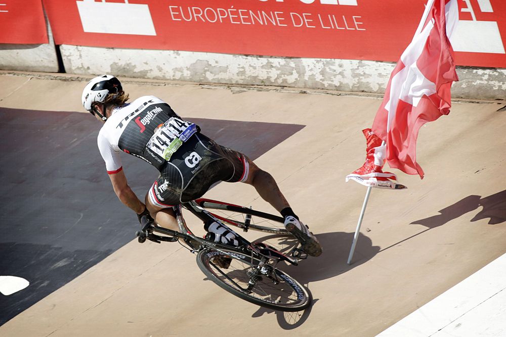 Fabian Cancellara (Trek-Segafredo) crashes in the velodrome at the end of Paris-Roubaix