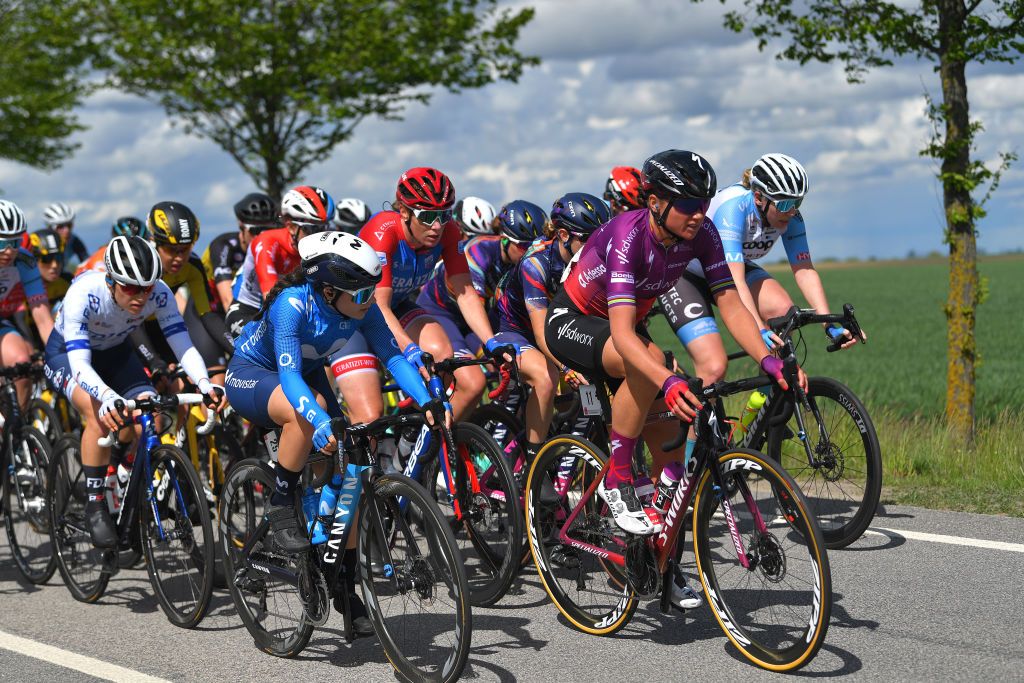 SCHMOLLN GERMANY MAY 25 Lourdes Oyarbide Jimenez of Spain and Movistar Team Chantal Van Den Broek Blaak of Netherlands and Team SD Worx lead The Peloton during the 34th Internationale LOTTO Thringen Ladies Tour 2021 Stage 1 a 899km stage from Schmolln to Schmolln ltlt2021 lottothueringenladiestour womencycling on May 25 2021 in Schmolln Germany Photo by Luc ClaessenGetty Images