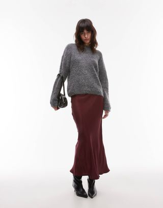 Topshop Satin Bias Midi Skirt in Burgundy