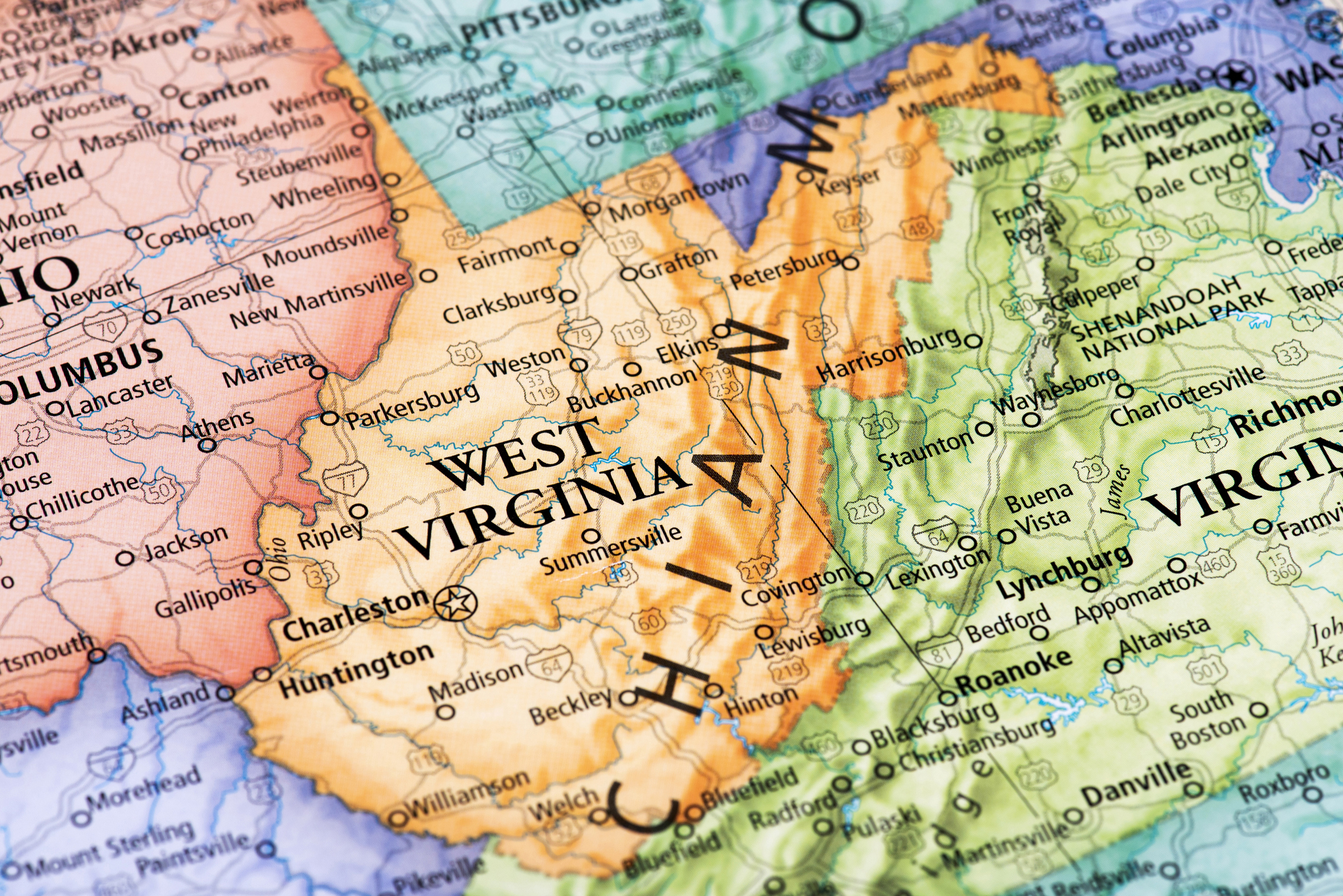 Map of West Virginia State in USA. Detail from the World Map.