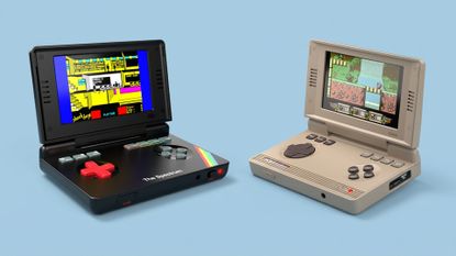 The Spectrum and C64 Handheld games consoles on a blue background