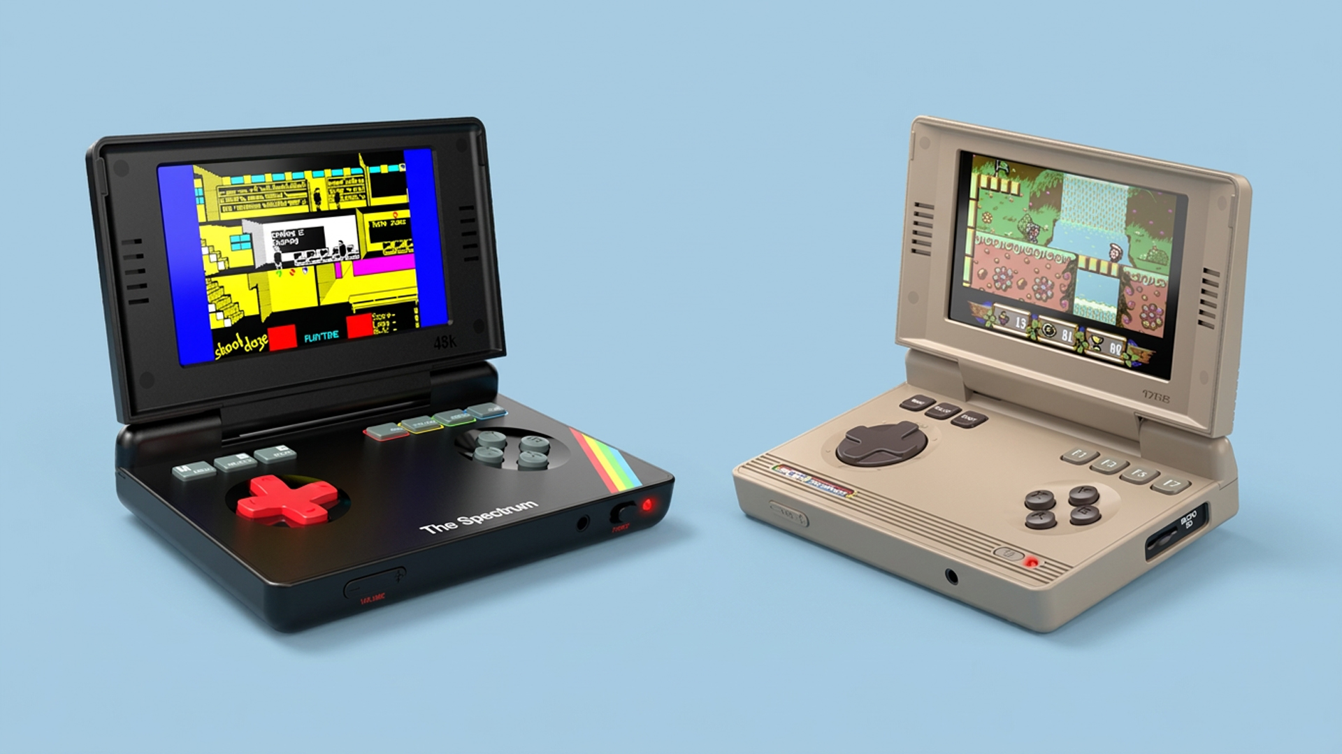 The Spectrum and C64 Handheld games consoles on a blue background