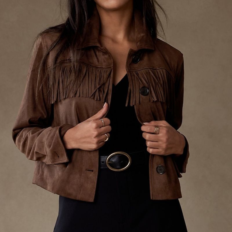 model wearing dark brown banana republic fringed vegan suede jacket