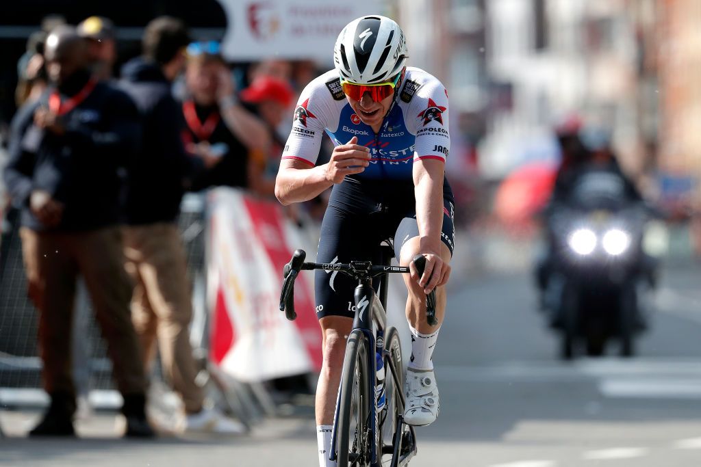 LIEGE BELGIUM APRIL 24 Remco Evenepoel of Belgium and Team QuickStep Alpha Vinyl celebrates at finish line as race winner during the 108th Liege Bastogne Liege 2022 Mens Elite a 2572km one day race from Lige to Lige LBL WorldTour on April 24 2022 in Liege Belgium Photo by Bas CzerwinskiGetty Images