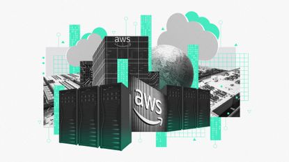 Photo composite illustration of Amazon Web Services offices, data centres and cloud icons