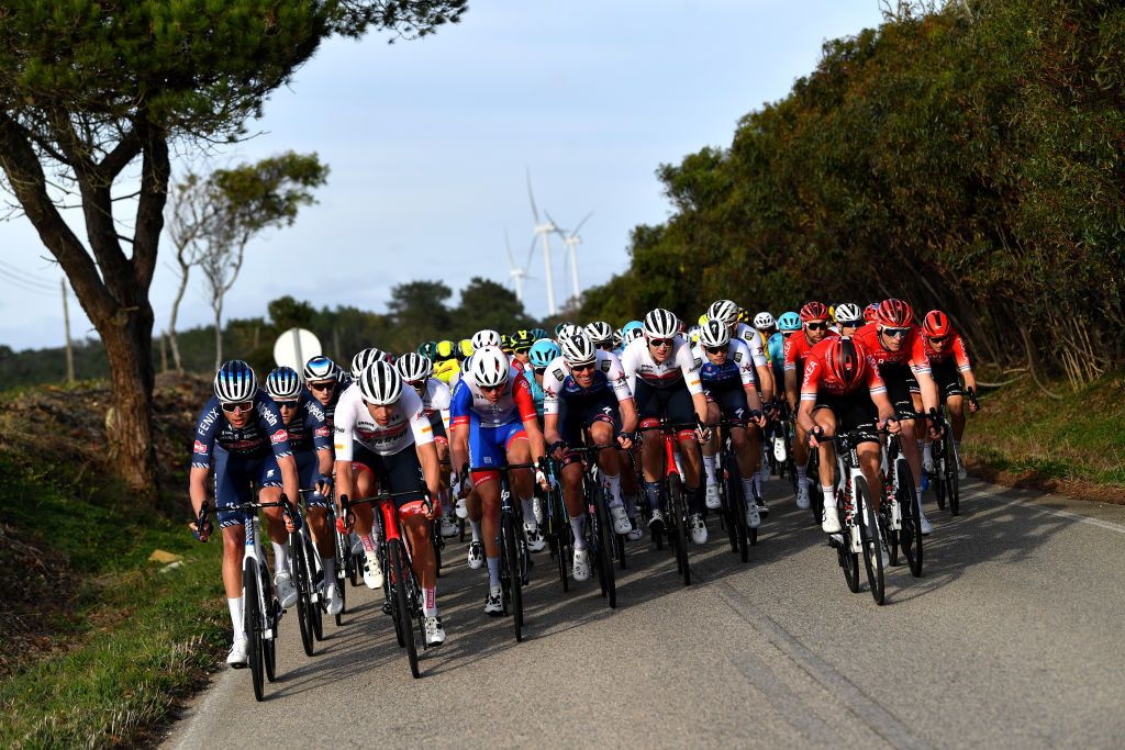 LAGOS PORTUGAL FEBRUARY 16 LR Oscar Riesebeek of Netherlands and Team AlpecinFenix Alexander Kamp Egested of Denmark and Team Trek Segafredo Lars Van Den Berg of Netherlands and Team Groupama FDJ Tim Declercq of Belgium and Team QuickStep Alpha Vinyl Daan Hoole of Netherlands and Team Trek Segafredo Anthony Delaplace of France and Team Arka Samsic and Connor Swift of United Kingdom and Team Arka Samsic compete during the 48th Volta Ao Algarve 2021 Stage 1 a 1991km at stage from Portimo to Lagos VAlgarve2022 on February 16 2022 in Lagos Portugal Photo by Luc ClaessenGetty Images