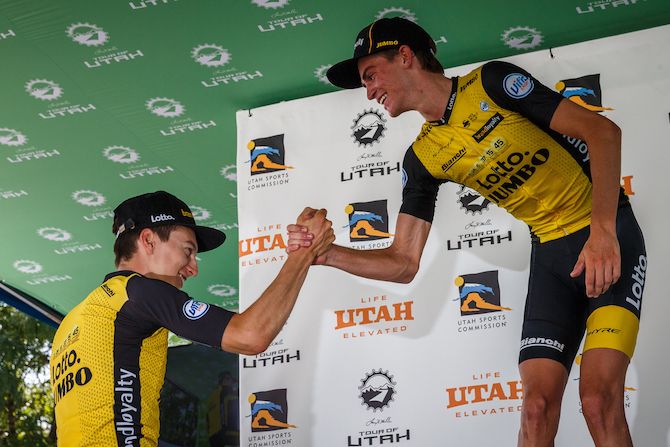 Neilson Powless (LottoNL - Jumbo) congratulates teammate Sepp Kuss (LottoNL - Jumbo) on August 8, 2018 in Cedar City, Utah.