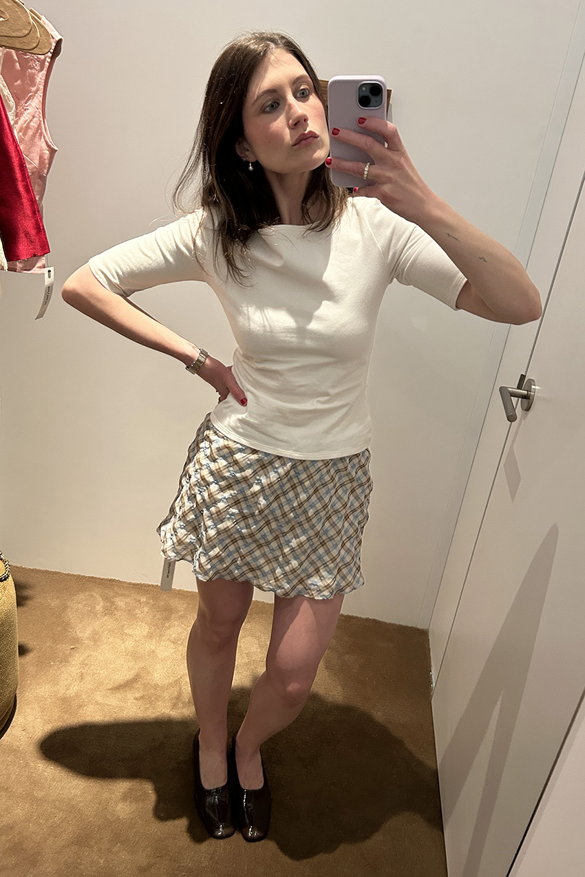 Reformation Santino Knit Top, Reformation Brandy Skirt Brown Blue Check, Reformation Inez Pumps